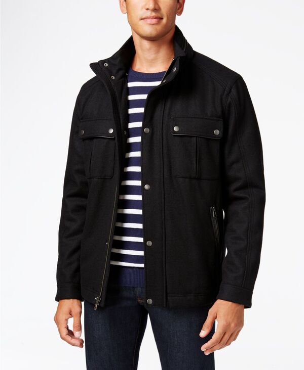 コールハーン メンズ アウター ジャケット・ブルゾン ウール レザー フェイクレザー Cole Haan Wool Melton Trucker with Faux Leather Trim Black ブラック