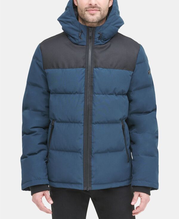 ダナ キャラン ニューヨーク メンズ アウター ジャケット・ブルゾン コート DKNY Men's Mixed-Media Puffer Coat Blue Steel ブルー