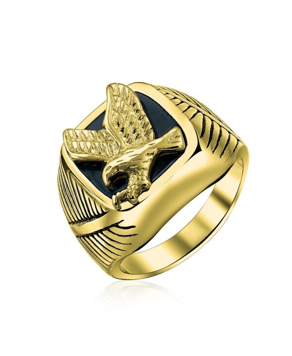 ブリング メンズ 付属物 輪っか ティーシャツ Bling Jewelry Men\u0027s Large Statement Square Black Patriotic USA American Bald Eagle Signet Ring For Men Stainless Steel Gold-tone ゴールド 指輪・リング-ジュエリー・アクセサリー