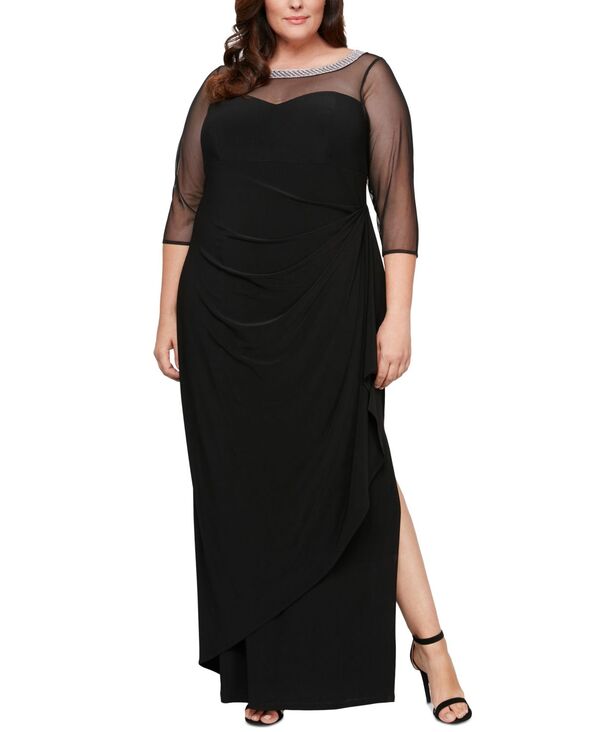 アレックスイブニングス レディース トップス ワンピース プラスサイズ フリル Alex Evenings Plus Size Illusion-Trim Ruffled Gown Black ブラック
