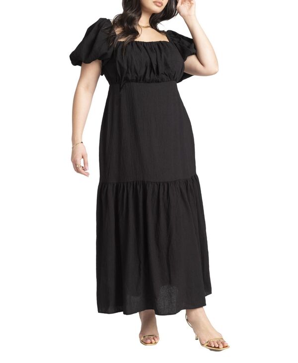エロクイ レディース トップス ワンピース ティアード プラスサイズ ELOQUII Plus Size Puff Sleeve Tiered Dress Black onyx ブラック