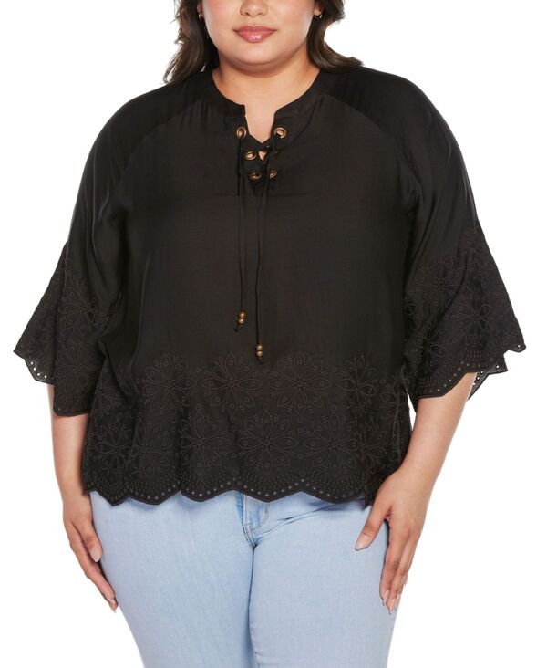 ベルディーニ レディース トップス シャツ プラスサイズ 刺繍 Belldini Black Label Plus Size Raglan 3/4-Sleeve Embroidered Top Black ブラック