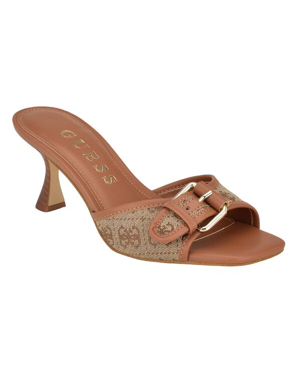ゲス レディース シューズ サンダル ヒール GUESS Women's Dista Mid Heel Open Toe Buckle Sandals Beige/Brown Logo ブラウン