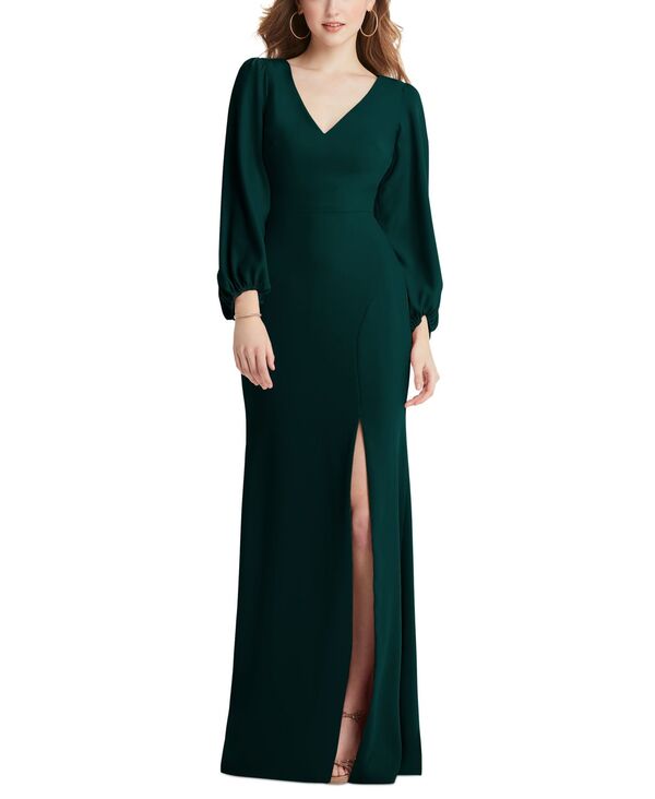 ドレッシーコレクション レディース トップス ワンピース Vネック Dessy Collection Womens Long Puff Sleeve V-Neck Trumpet Gown Evergreen|ReVida 店