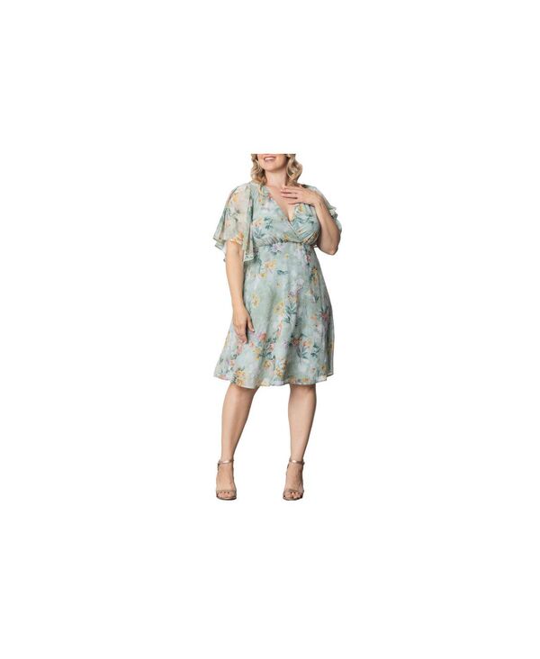キヨナ レディース トップス ワンピース プラスサイズ Kiyonna Plus Size Florence Flutter Sleeve Dress Sage floral print セージ｜ReVida 店