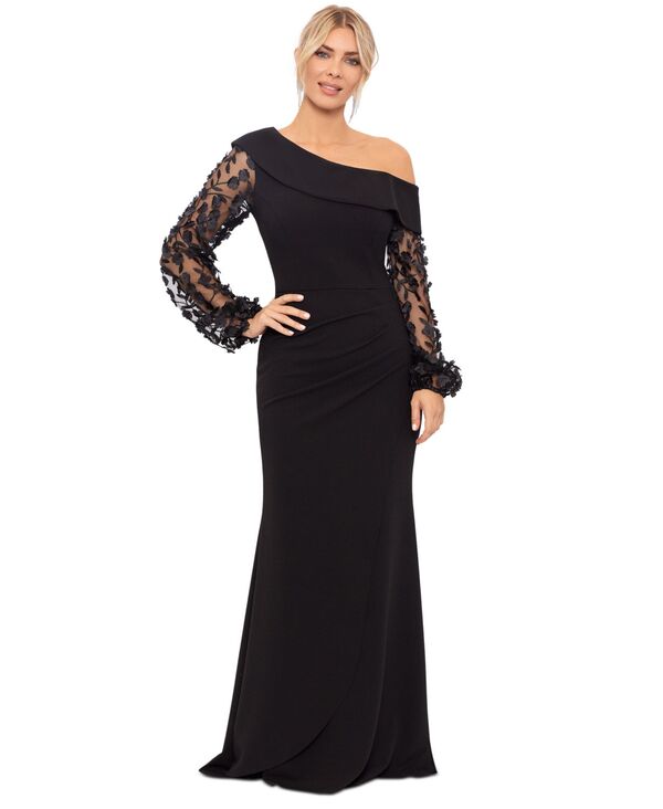 エスケープ レディース トップス ワンピース フラワー柄 プチ フラワー XSCAPE Petite Off-The-Shoulder Floral-Sleeve Gown Black ブラック