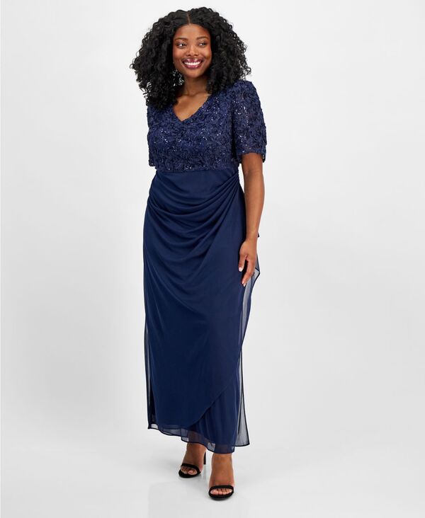 アレックスイブニングス レディース トップス ワンピース プラスサイズ 半袖 Alex Evenings Plus Size Soutache Embellished Short-Sleeve Gown Navy ネイビー