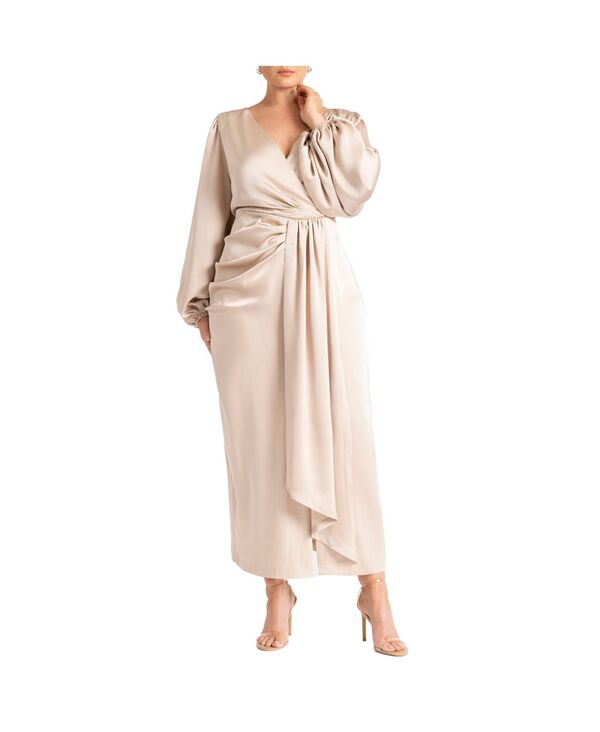 エロクイ レディース トップス ワンピース プラスサイズ プリーツ サテン ELOQUII Plus Size Satin Puff Sleeve Pleated Dress Light tan タン