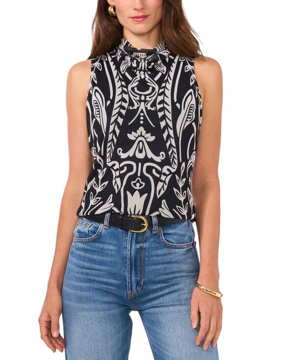 【送料無料】 ヴィンスカムート レディース シャツ トップス Women's Printed-Mesh Mock-Neck Top Rich Black