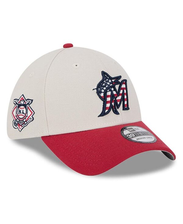 ニュー内鰓 メンズ 添え物 かぶり笠 New Era Men\u0027s Red Miami Marlins 2024 Fourth of July 39THIRTY Flex Hat Khaki カーキ