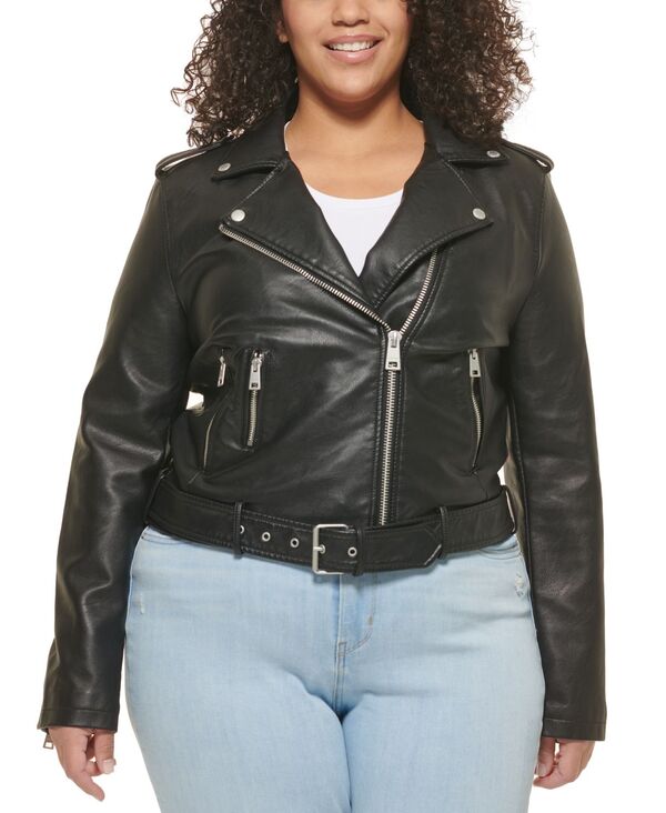 リーバイス レディース アウター ジャケット・ブルゾン プラスサイズ レザー フェイクレザー ジャケット Levi's Plus Size Faux Leather Belted Motorcycle Jacket blackブラック