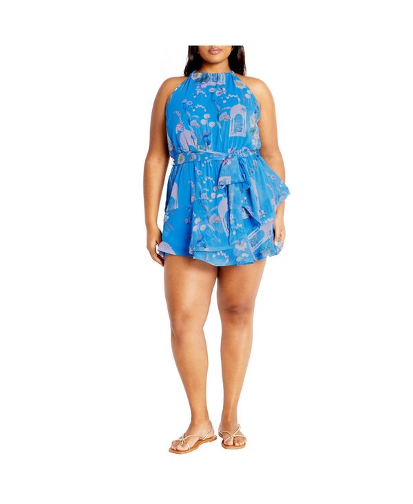 シティーシック レディース ボトムス ハーフパンツ・ショーツ プラスサイズ プリント ロンパース CITY CHIC Plus Size Belinda Print Romper Avery blue ブルー|ReVida 店