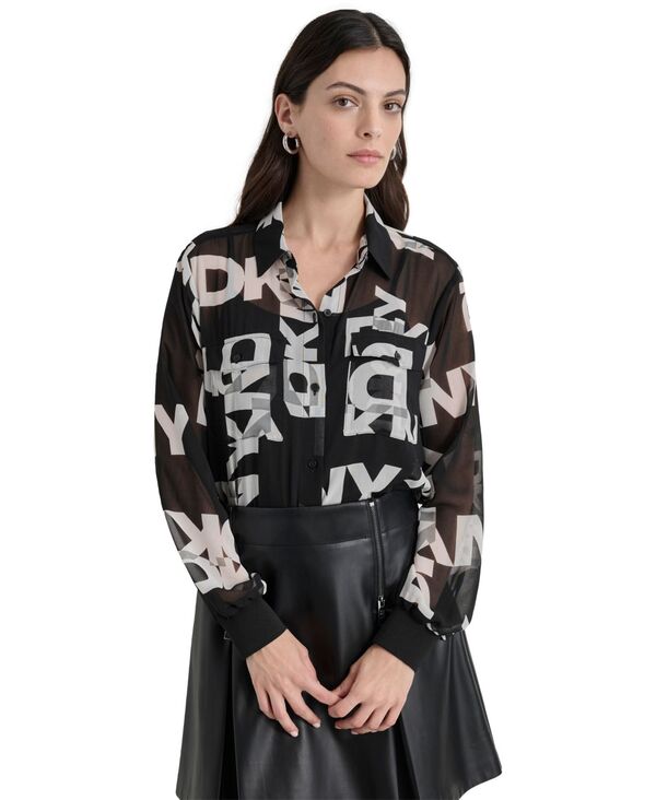 ダナ キャラン ニューヨーク レディース トップス シャツ ロゴ 長袖 DKNY Women's Logo Long-Sleeve Shirt Blk/ivory アイボリー|ReVida 店