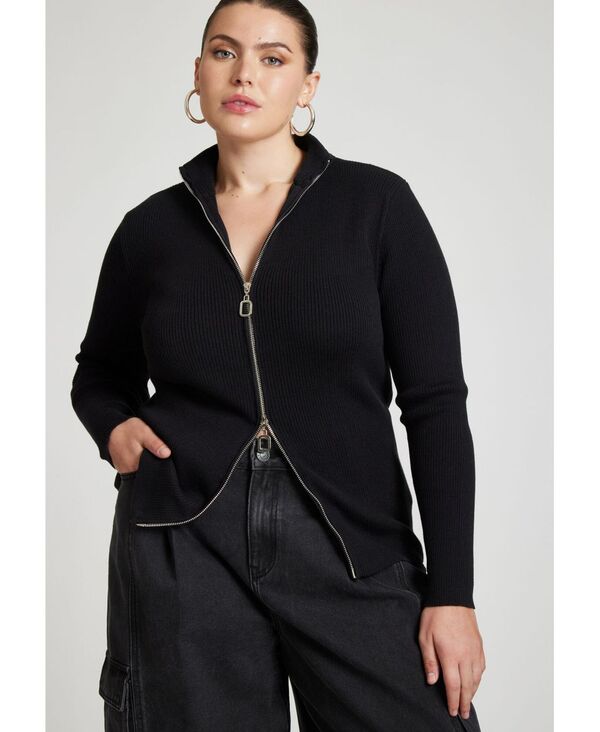 エロクイ レディース アウター 編み物・スウェーター つけ加える大いさ スウェーター ELOQUII Women\u0027s Plus Size Two Way Zipper Sweater Black onyx 黒いこと ニット・セーター-セーター-トップス