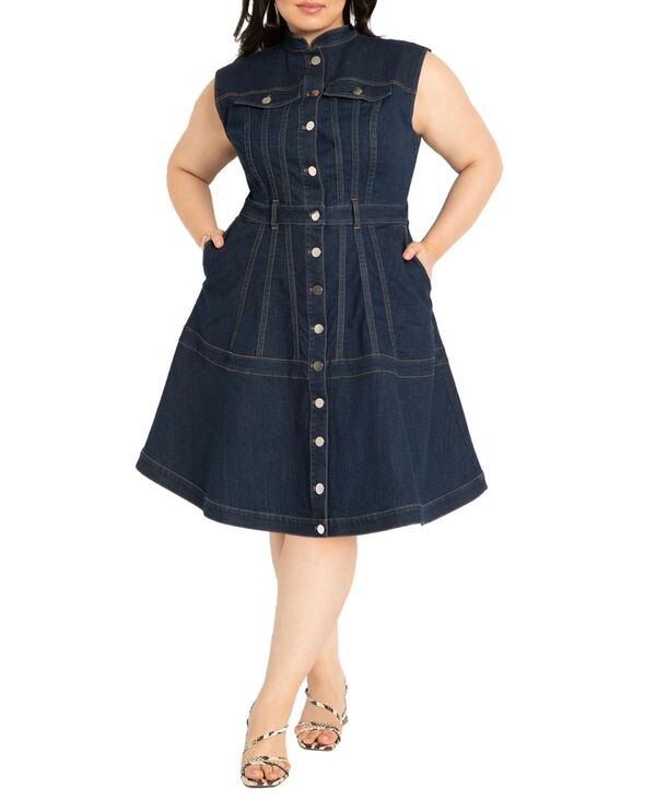 エロクイ レディース トップス ワンピース プラスサイズ デニム ELOQUII Plus Size Fit & Flare Denim Dress Dark wash デニム