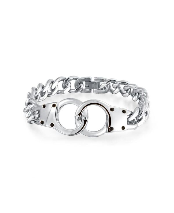 ブリング メンズ アクセサリー ブレスレット・バングル・アンクレット Tシャツ Bling Jewelry Biker Jewelry Interlocking Handcuff Bracelet with Padlock Curb Chain Silver Tone Stainless Steel 8.5 Inch Silver tone シルバー
