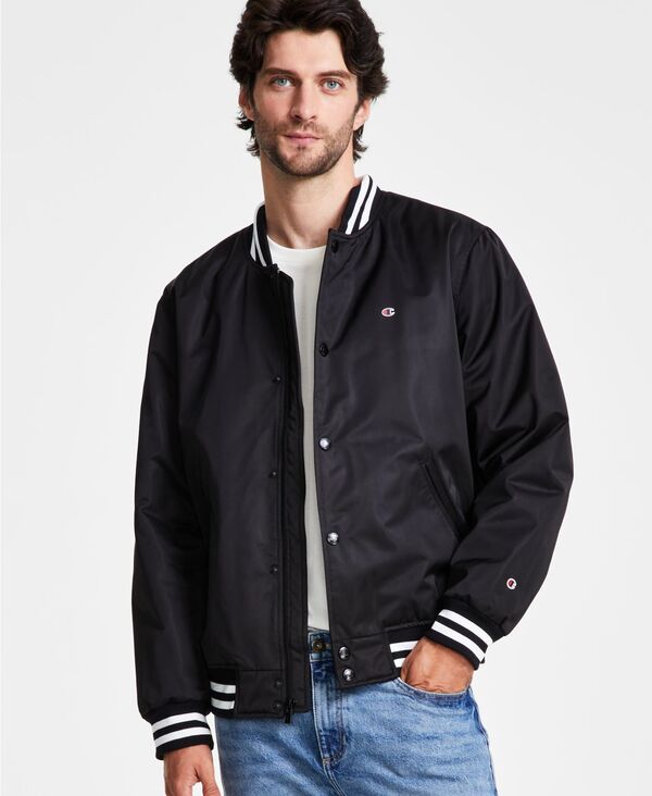 チャンピオン メンズ アウター ジャケット・ブルゾン ロゴ ジャケット Champion Men's Classic Logo Striped-Trim Varsity Jacket Black ブラック