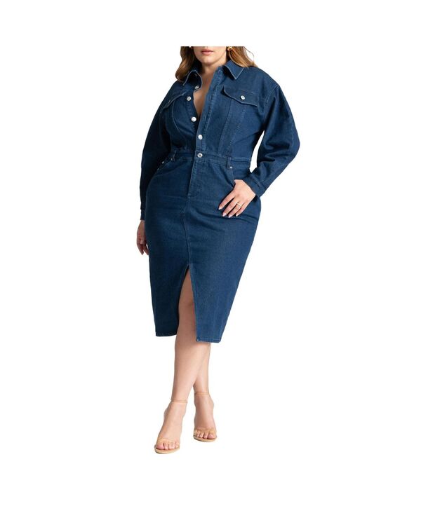 エロクイ レディース トップス ワンピース ミディワンピース プラスサイズ ミディ デニム ELOQUII Plus Size Oversized Denim Midi Dress Medium wash デニム