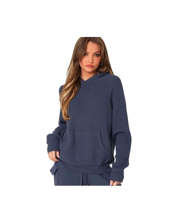 アディクテッド レディース アウター パーカー・スウェット ニット パーカー Edikted Women's Wynter oversized knit hoodie Blue ブルー|ReVida 店