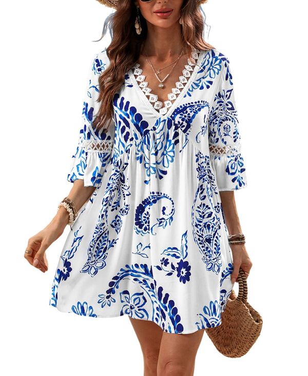 カップシー レディース トップス ワンピース フラワー柄 プリント レース フラワー CUPSHE Women's Floral Paisley Print Lace Beach Dress White ホワイト｜ReVida 店