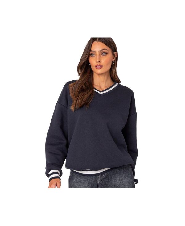 アディクテッド レディース アウター パーカー・スウェット Vネック スウェット シャツ Edikted Women's Caryn oversized v neck sweatshirt Navy ネイビー|ReVida 店