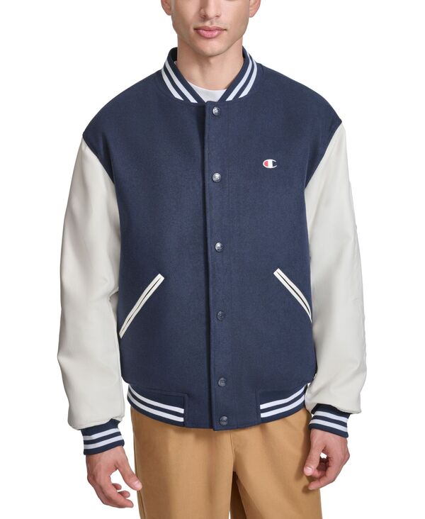 チャンピオン メンズ アウター ジャケット・ブルゾン カラーブロック ジャケット Champion Men's Colorblocked Mixed-Media Varsity Jacket Navy/White ホワイト