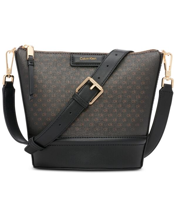カルバンクライン レディース 御徒面子 ショルダーバッグ Calvin Klein Ash Signature Adjustable Top Zipper Crossbody Brown Khaki/Black 黒いこと