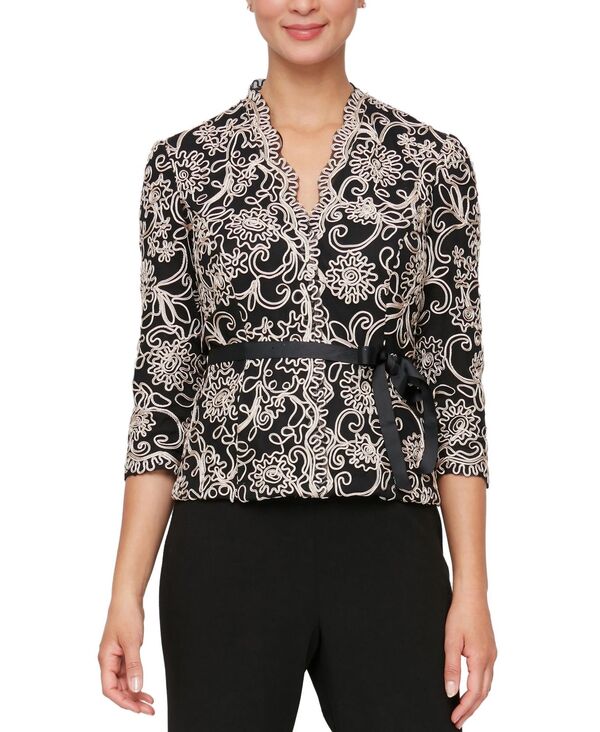 アレックスイブニングス レディース トップス ワンピース フラワー柄 プチ 刺繍 レース フラワー Alex Evenings Petite Floral-Embroidered 3/4-Sleeve Lace Top Black/Taupe ブラック