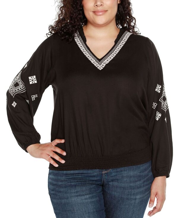 ベルディーニ レディース トップス シャツ Vネック プラスサイズ 刺繍 ブラウス Belldini Black Label Plus Size Embroidered Blouson Sleeve V-Neck Blouse Black ブラック
