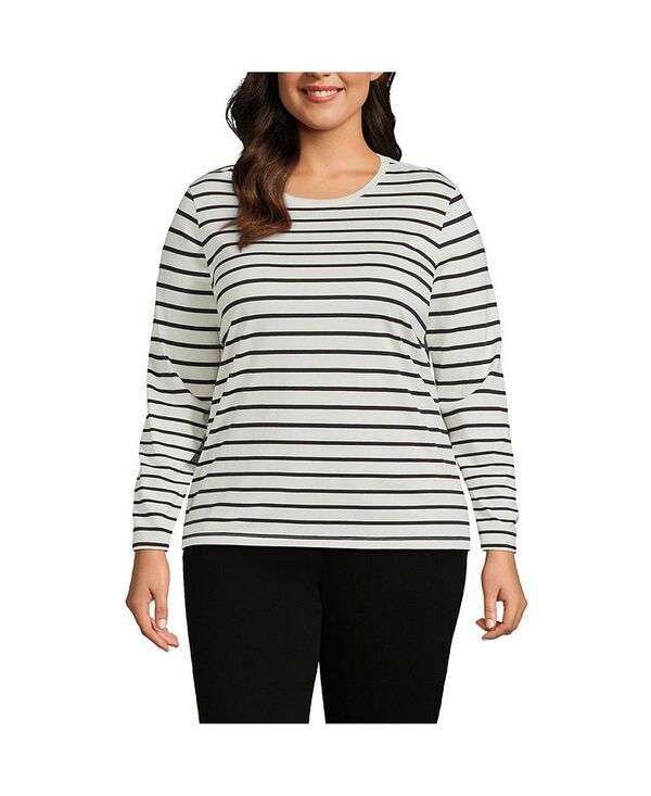ランズエンド レディース トップス シャツ クルーネック プラスサイズ Tシャツ コットン Lands' End Plus Size Relaxed Supima Cotton Long Sleeve Crew Neck T-Shirt Ivory/black breton stripe アイボリー｜ReVida 店