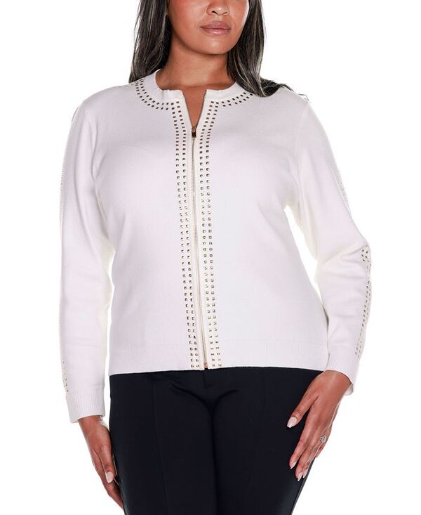 ベルディーニ レディース アウター ニット・セーター クルーネック プラスサイズ セーター カーディガン Belldini Black Label Plus Size Crewneck Embellished Zip Cardigan Sweater Winter White/Gold ホワイト