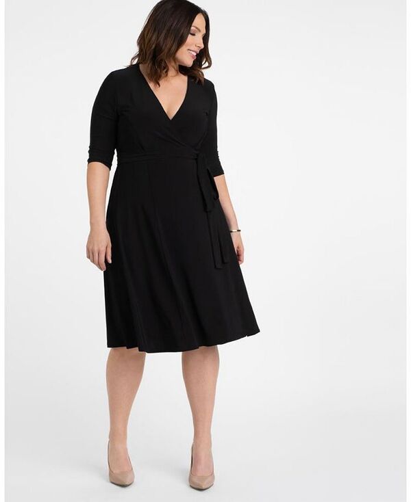 キヨナ レディース トップス ワンピース ラップワンピース プラスサイズ Kiyonna Plus Size Essential Wrap Dress with 3/4 Sleeves Black noir ブラック