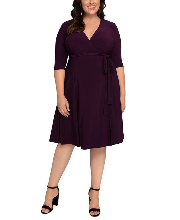 キヨナ レディース トップス ワンピース ラップワンピース プラスサイズ Kiyonna Plus Size Essential Wrap Dress with 3/4 Sleeves Plum passion プラム|ReVida 店