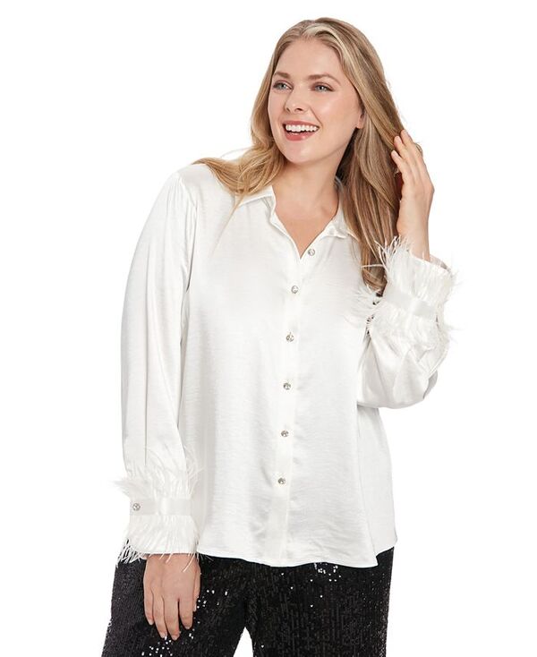 ミューズ レディース トップス ワンピース プラスサイズ シャツ サテン Muse Plus Size Collared Feather-Trim-Sleeve Satin Shirt White ホワイト｜ReVida 店
