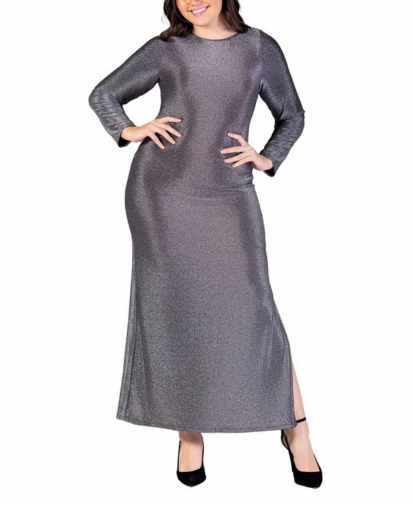 24 セブンコンフォート レディース トップス ワンピース マキシワンピース プラスサイズ マキシ 24seven Comfort Apparel Plus Size Long Sleeve Shimmery Maxi Dress Silver シルバー