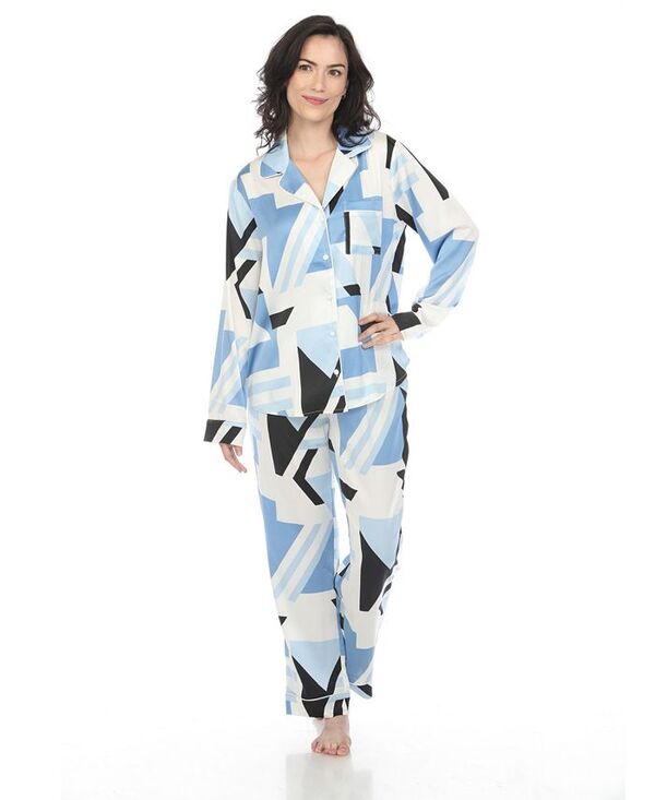 ホワイトマーク レディース アンダーウェア ナイトウェア プリント サテン White Mark Women's Printed Satin Pajama Set Blue ブルー|ReVida 店