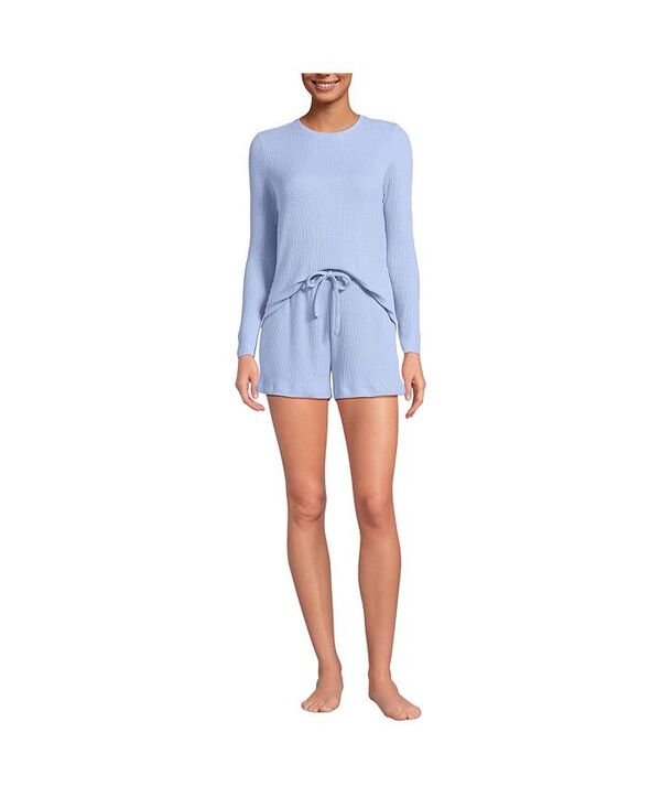 ランズエンド レディース アンダーウェア ナイトウェア ショートパンツ Lands' End Women's Cozy Brushed Rib 2 Piece Pajama Set - Long Sleeve Top and Shorts Light cornflower｜ReVida 店