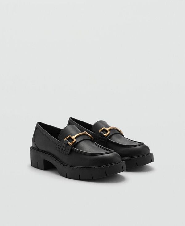 マンゴ レディース シューズ パンプス トール レザー MANGO Women's Metallic Detail Leather Moccasins Black ブラック