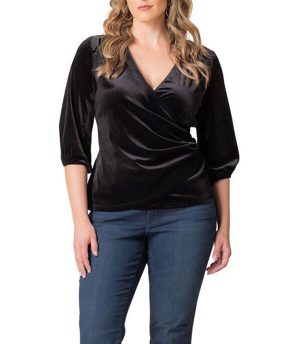 キヨナ レディース トップス シャツ プラスサイズ ベルベット Kiyonna Plus Size Odette Velvet Faux Wrap Top Onyx｜ReVida 店