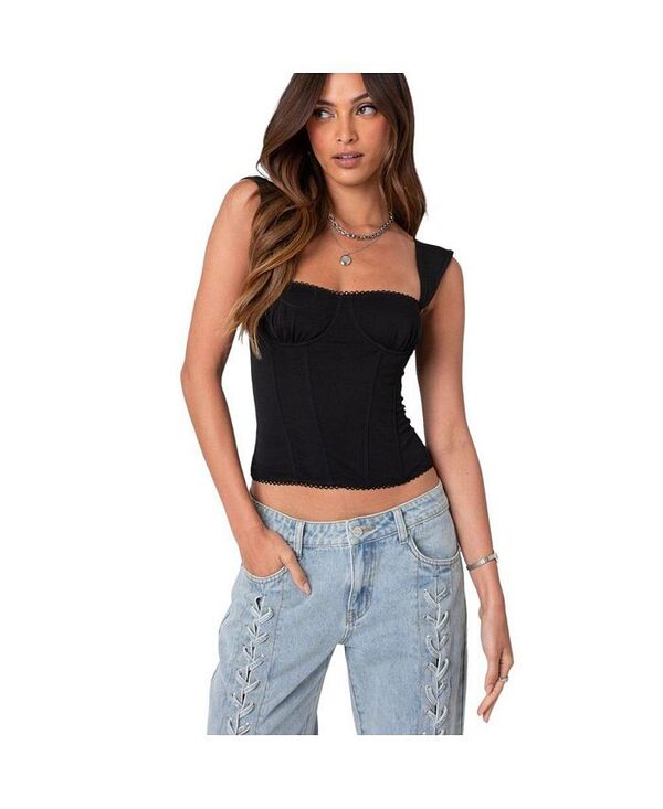アディクテッド レディース トップス シャツ メッシュ Edikted Women's Marcella Wide Strap Mesh Corset Top Black ブラック