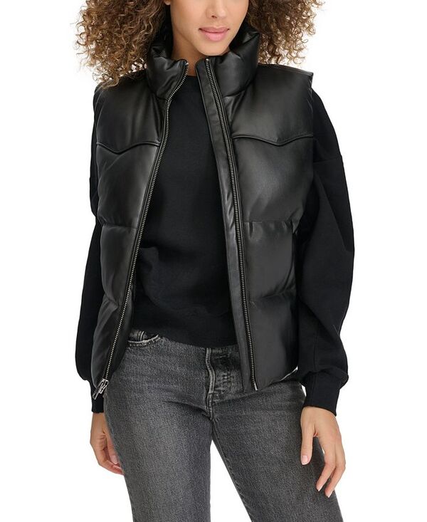 リーヴァイズジーンズ レディース アウター 上衣・上衣 限りない なめし革 フェイクレザー Levi\u0027s Women\u0027s Faux Leather Western Puffer Vest Black 黒いこと コート・ジャケット-レディースファッション