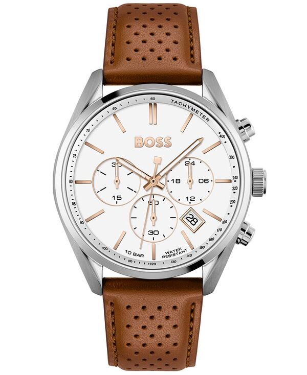 ヒューゴボス メンズ アクセサリー 腕時計 レザー Hugo Boss Men's Chronograph Champion Brown Perforated Leather Strap Watch 44mm Brown ブラウン