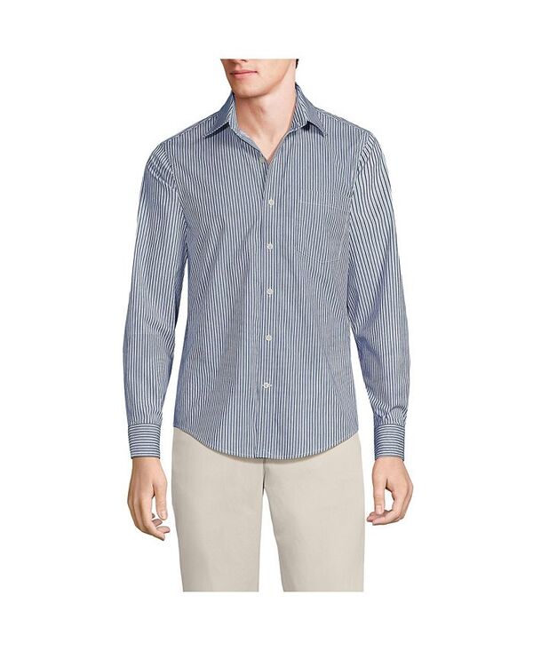 ランズエンド メンズ トップス シャツ Lands' End Men's Traditional Fit Long Sleeve Travel Kit Shirt Deep sea navy fine stripe ネイビー