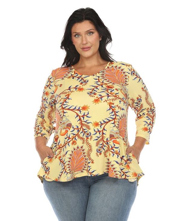 ホワイトマーク レディース トップス シャツ プラスサイズ White Mark Plus Size Vibrant Boho Swing Top Yellow イエロー|ReVida 店