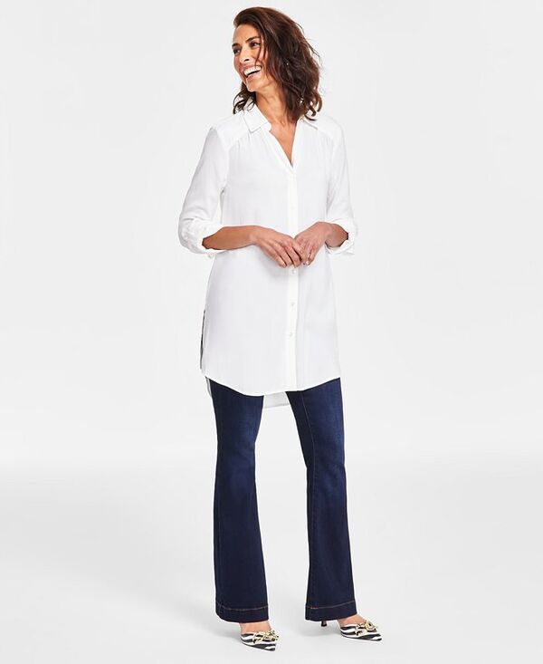 アイ.エヌ.シー インターナショナル コンセプト レディース トップス シャツ ダウン ブラウス I.N.C. International Concepts Women's Roll-Tab Button-Down Long Blouse Bright White ホワイト｜ReVida 店