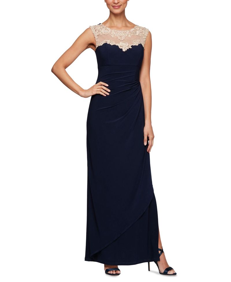 喜ばれる誕生日プレゼント Navy Gown Illusion Lace Sweetheart トップス ワンピース レディース アレックスイブニングス 51 Navy Bronze Qa