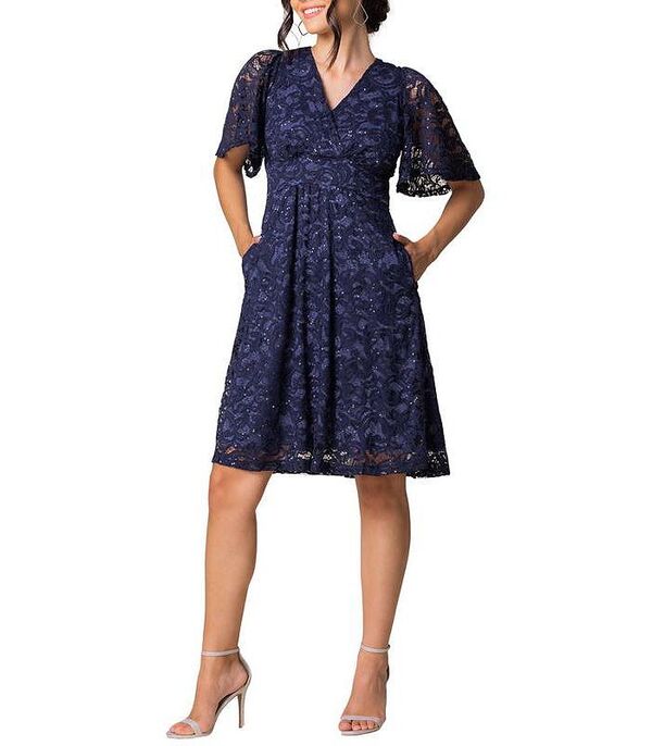 キヨナ レディース トップス ワンピース Vネック スパンコール レース Kiyonna Women's Starry Sequin Lace V-Neck Cocktail Dress with Pockets Nocturnal navy ネイビー