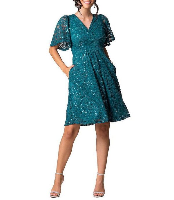 キヨナ レディース トップス ワンピース Vネック スパンコール レース Kiyonna Women's Starry Sequin Lace V-Neck Cocktail Dress with Pockets Teal topaz ティール