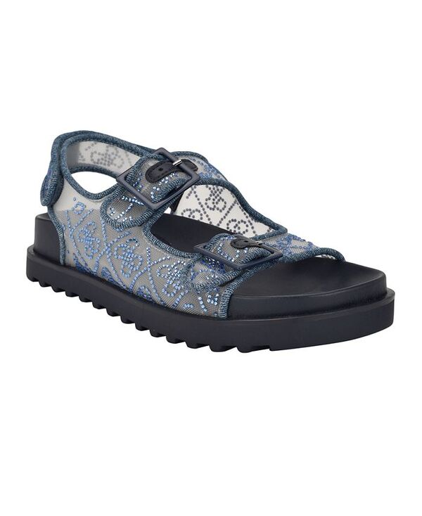 ゲス レディース シューズ サンダル GUESS Women's Frella Two Band Embellished Footbed Sandals Medium Blue Denim Rhinestone Logo Mesh デニム｜ReVida 店