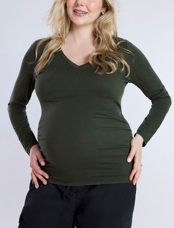 マザーフッドマタニティー レディース トップス シャツ Vネック ギャザー Tシャツ Motherhood Maternity Maternity V-Neck Side-Ruched Long Sleeve Tee - Motherhood Deep depths